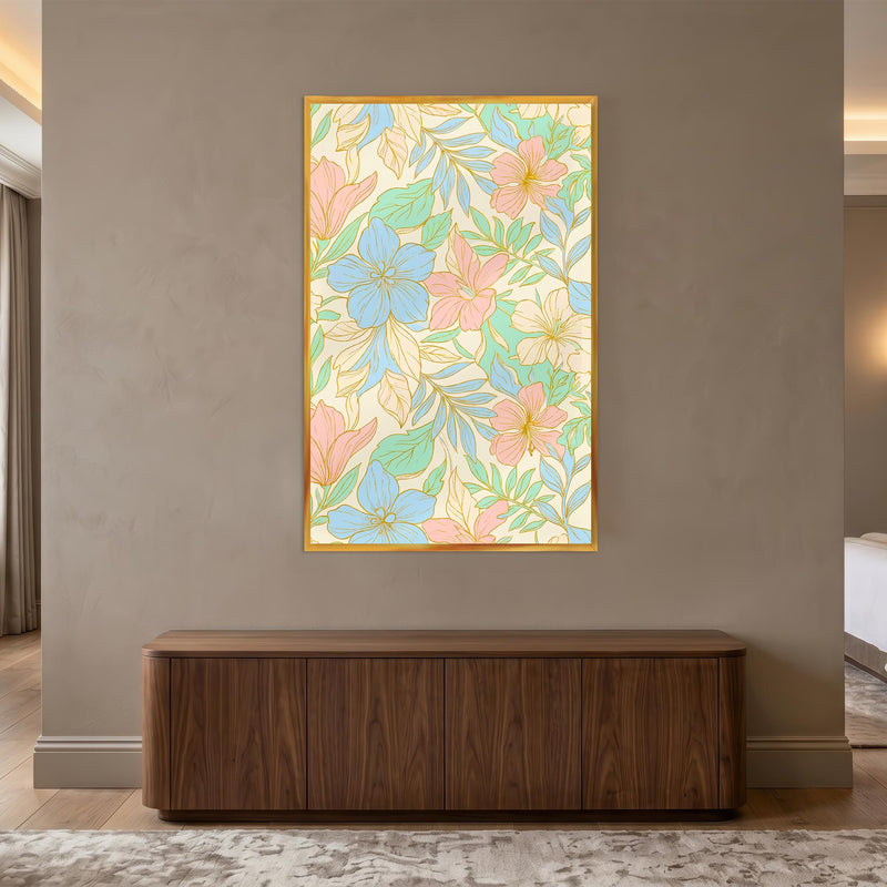 Pastel Çiçek Bahçesi Cam Tablo – Altın Çerçeveli Cam Tablo