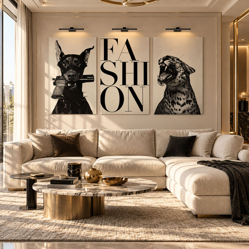 Fashion Yazılı Dobermann ve Leopar Üçlü Cam Tablo