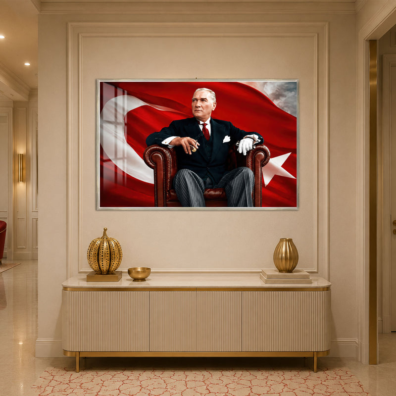 Deri Koltukta Atatürk Cam Tablo – Gümüş Çerçeveli