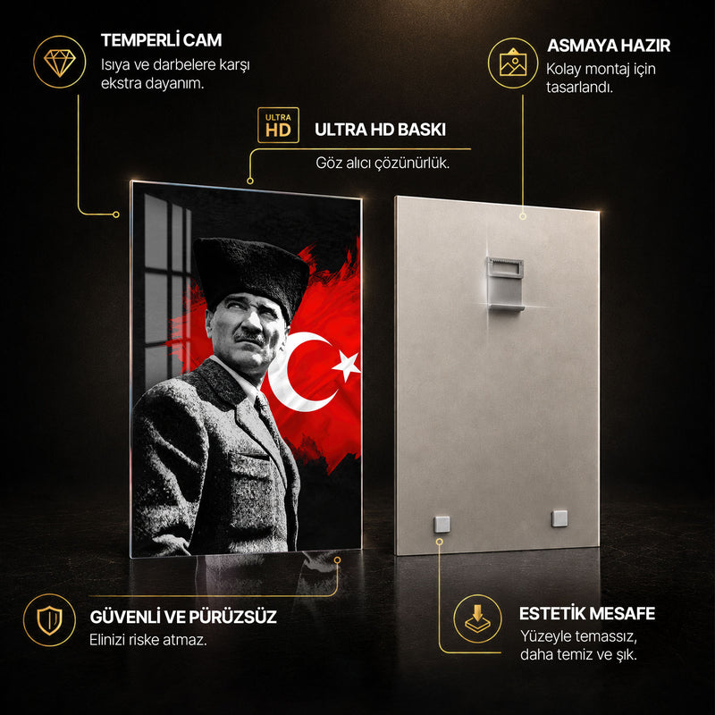 Fırça Bayraklı Atatürk Cam Tablo