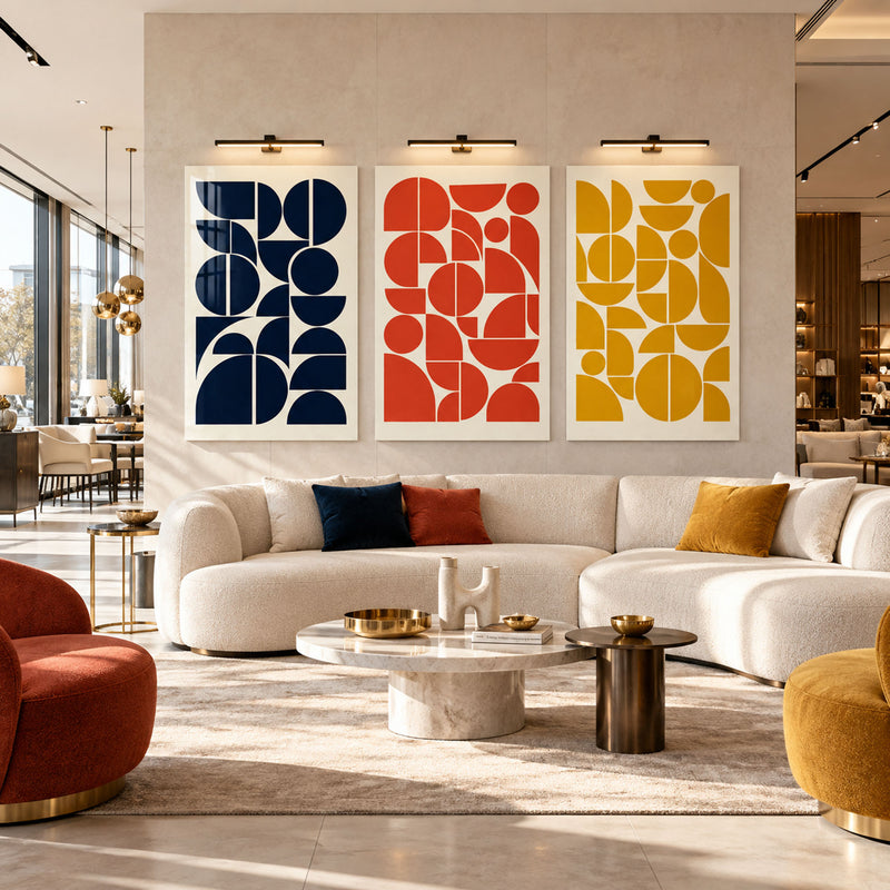 Lacivert Kırmızı Sarı Bauhaus Üçlü Cam Tablo
