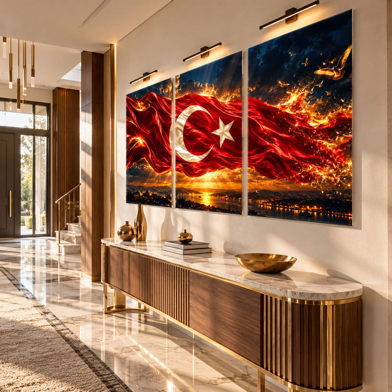 Alevli Türk Bayrağı Gün Batımı Üçlü Cam Tablo