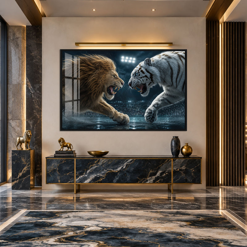 Aslan ve Kaplan Karşı Karşıya Cam Tablo – Siyah Çerçeveli Cam Tablo