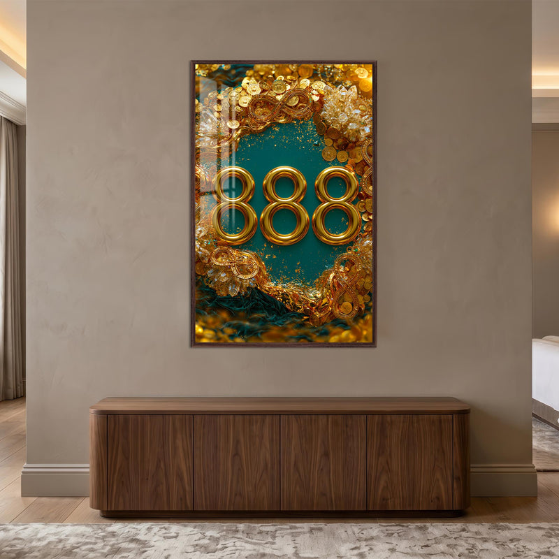 Zümrüt Hazinede 888 Cam Tablo – Ceviz Çerçeveli Cam Tablo