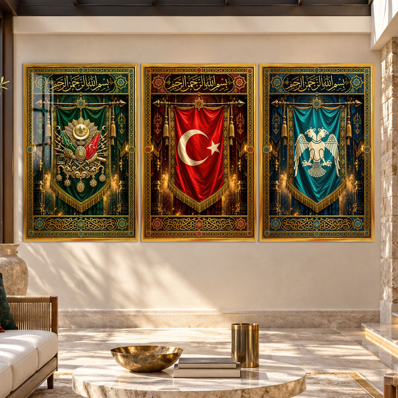 Osmanlı Sancak Üçlüsü Üçlü Cam Tablo – Altın Çerçeveli