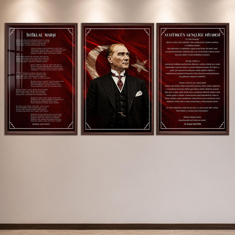 Atatürk Köşesi Üçlü Cam Tablo Seti — Kızıl Bayraklı – Ceviz Çerçeveli