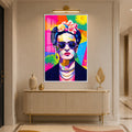 Renkli Gözlüklü Frida Kahlo Pop Art Cam Tablo – Beyaz Çerçeveli Cam Tablo