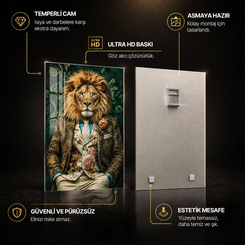 Çiçekli Ceketli Aslan Cam Tablo – Cam Tablo