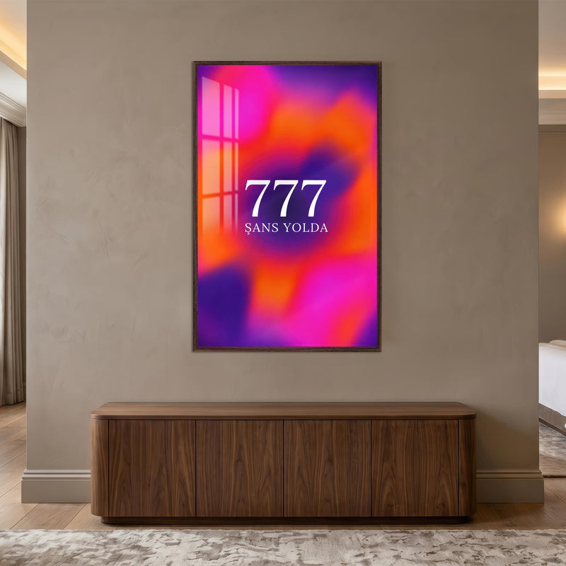 Neon Bulutlarda 777 Cam Tablo – Ceviz Çerçeveli Cam Tablo