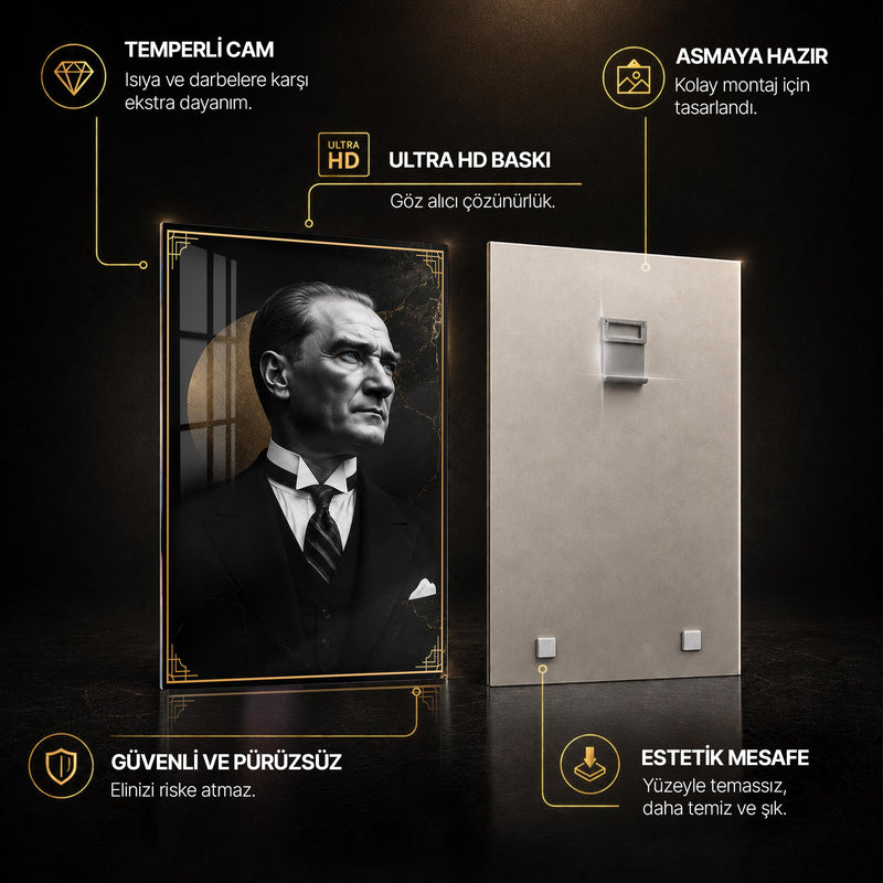 Atatürk Köşesi Üçlü Cam Tablo Seti — Mermer Desenli