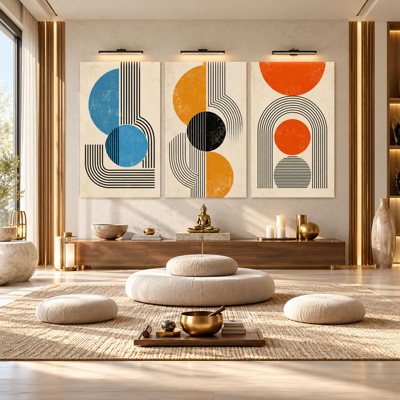 Mavi Turuncu Sarı Mid-Century Daire Üçlü Cam Tablo
