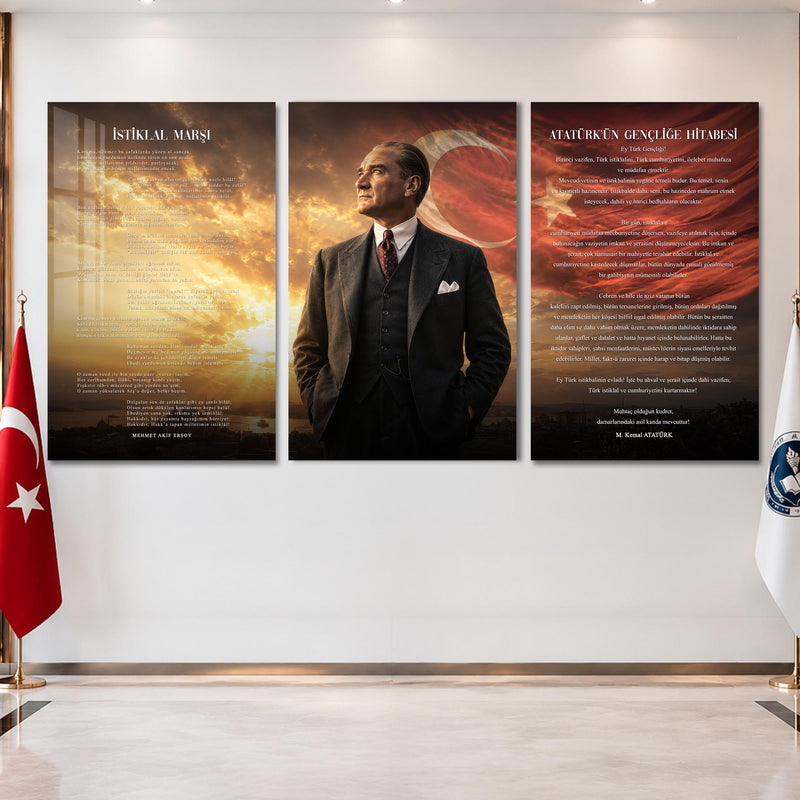 Atatürk Köşesi Üçlü Cam Tablo Seti — Altın Işıkta İstanbul