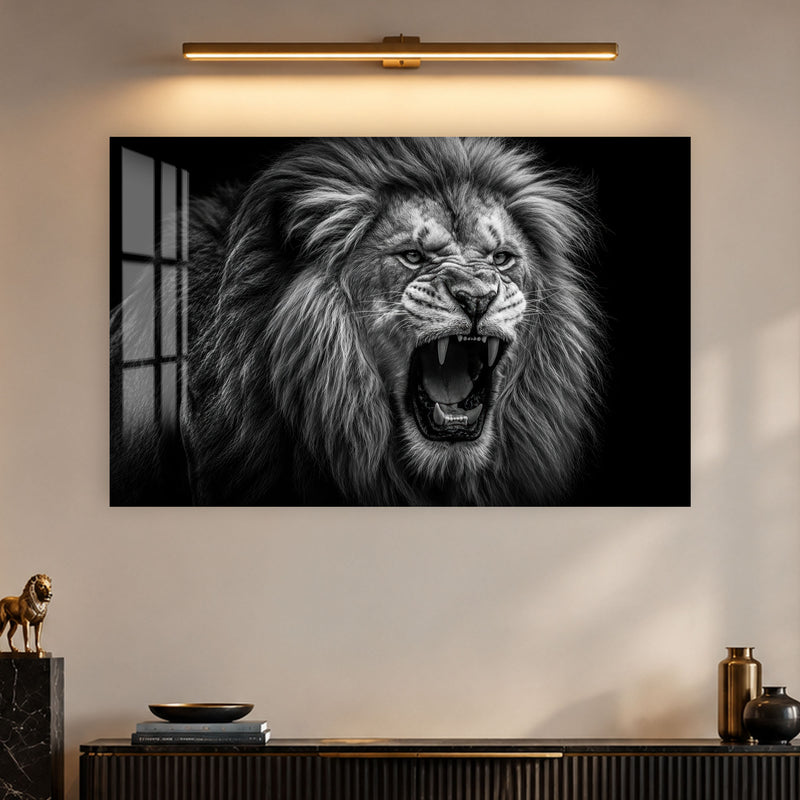 Kükreyen Aslan Siyah Beyaz Cam Tablo – Cam Tablo