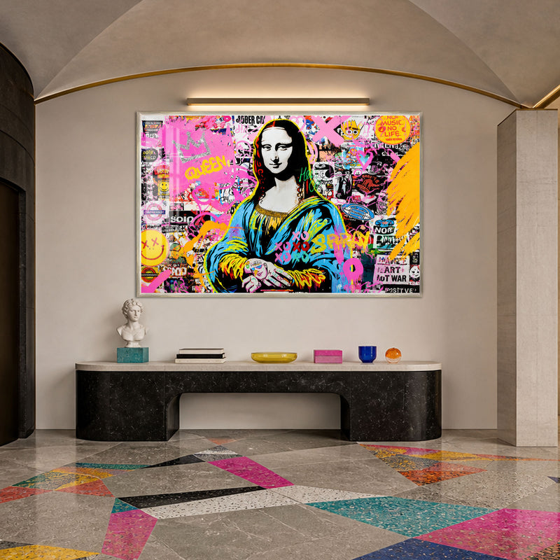 Pop Art Mona Lisa Grafiti Cam Tablo – Gümüş Çerçeveli Cam Tablo