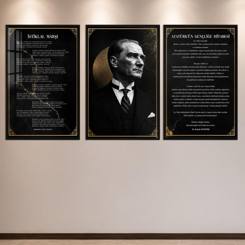 Atatürk Köşesi Üçlü Cam Tablo Seti — Mermer Desenli – Siyah Çerçeveli