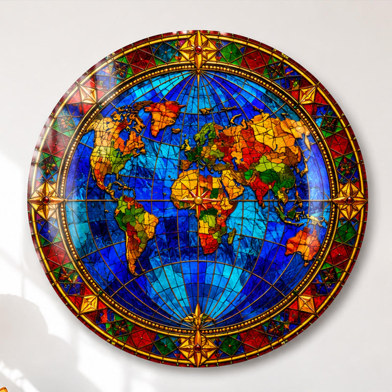 Vitray Kilise Yuvarlak Dünya Haritası Cam Tablo