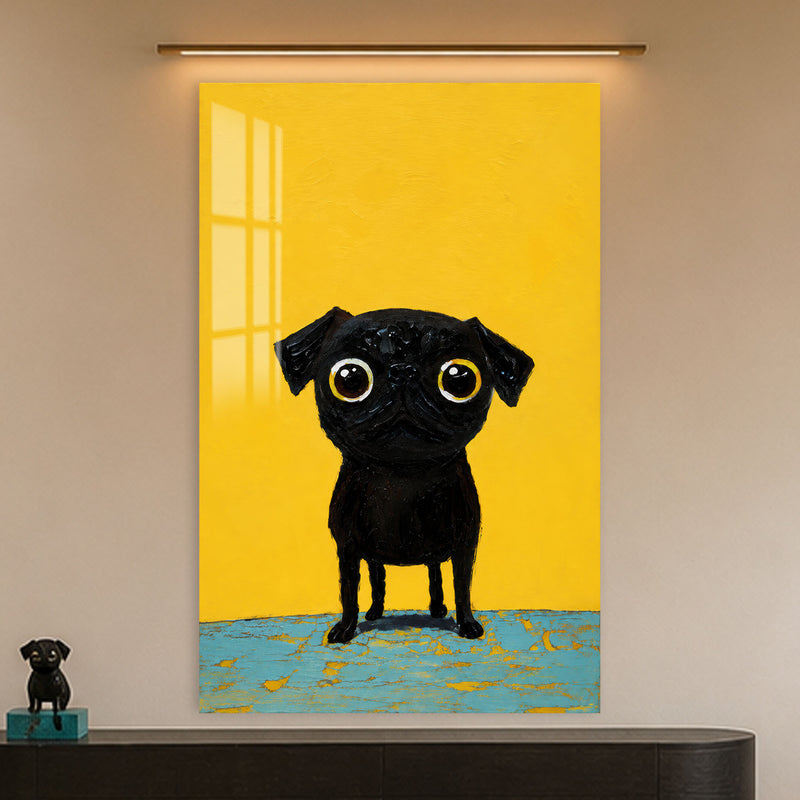 Sarı Fonda Siyah Pug Cam Tablo – Cam Tablo