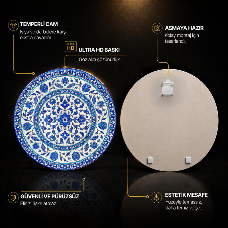 Kobalt Çiçekli Saray Madalyonu Cam Tablo – Cam Tablo