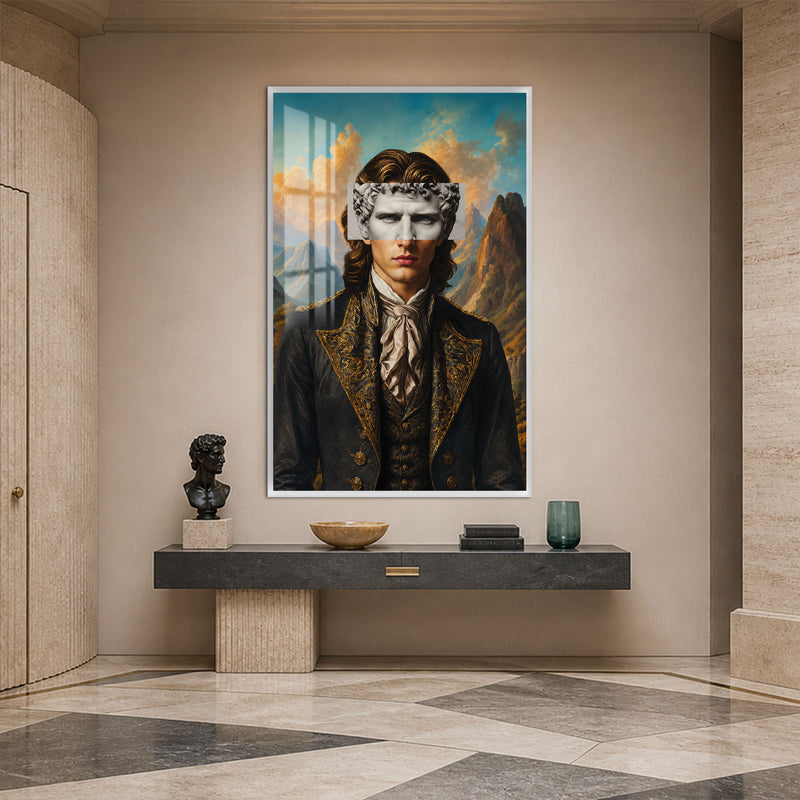 Dağ Manzaralı Maskeli Dandy Cam Tablo – Beyaz Çerçeveli Cam Tablo