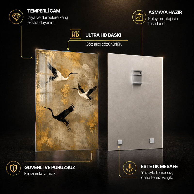 Altın Zeminde Turnalar Cam Tablo – Cam Tablo