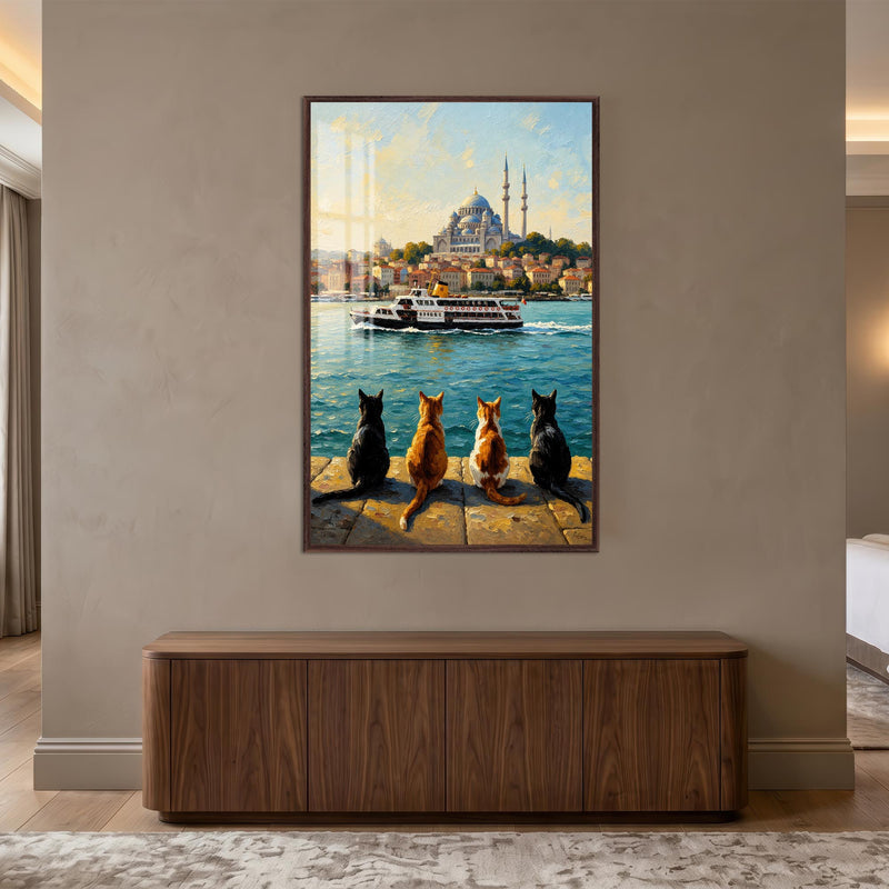 İstanbul Boğazı Kedi Manzarası Cam Tablo – Ceviz Cerceveli Cam Tablo