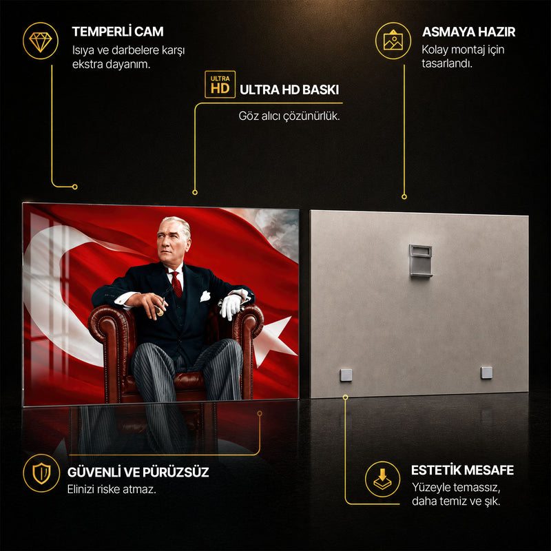 Deri Koltukta Atatürk Cam Tablo