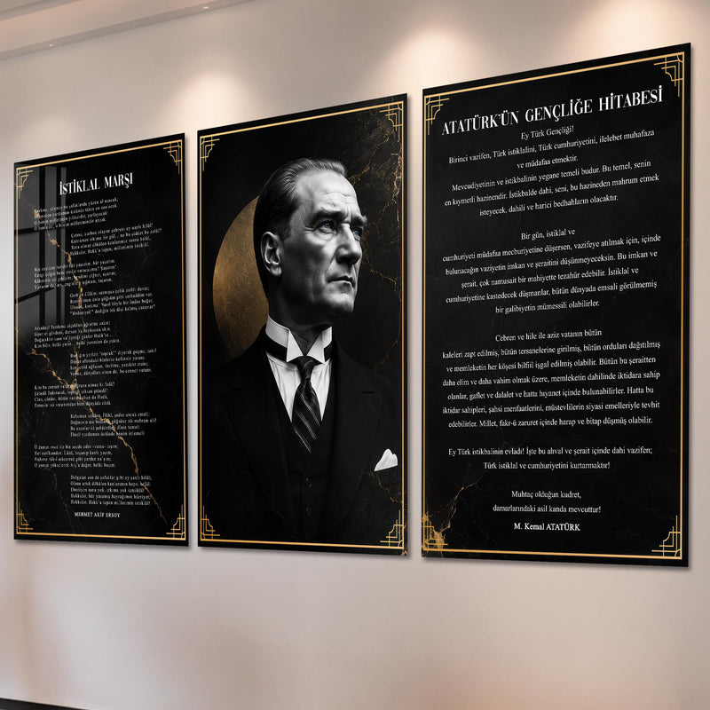 Atatürk Köşesi Üçlü Cam Tablo Seti — Mermer Desenli