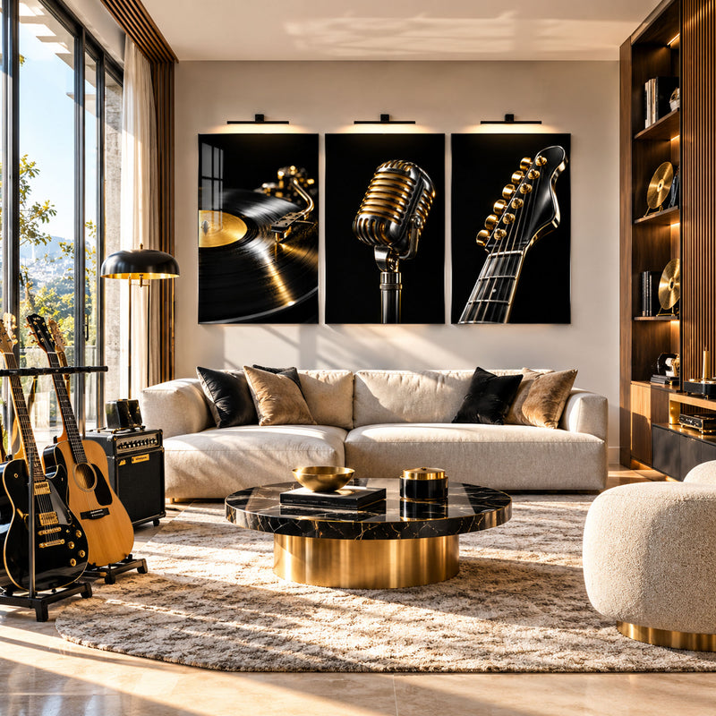 Plak, Mikrofon ve Gitar Üçlü Cam Tablo