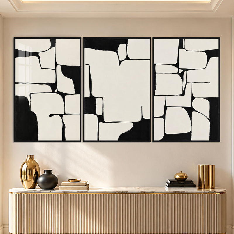 Siyah Krem Soyut Puzzle Üçlü Cam Tablo – Siyah Çerçeveli