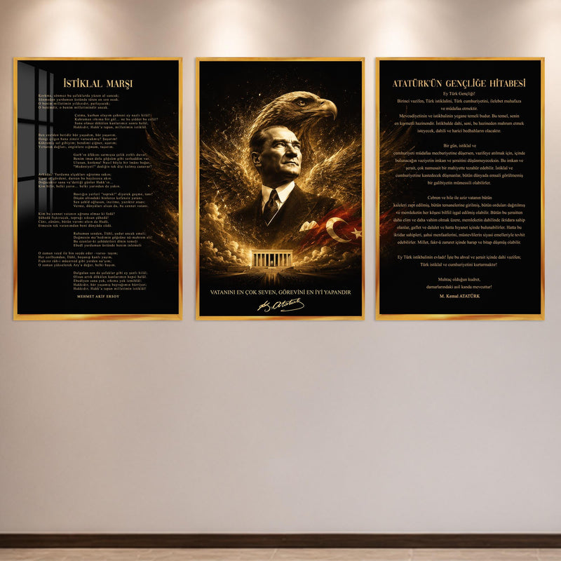 Atatürk Köşesi Üçlü Cam Tablo Seti — Altın Kartal Kanatlı Anıtkabir – Altın Çerçeveli