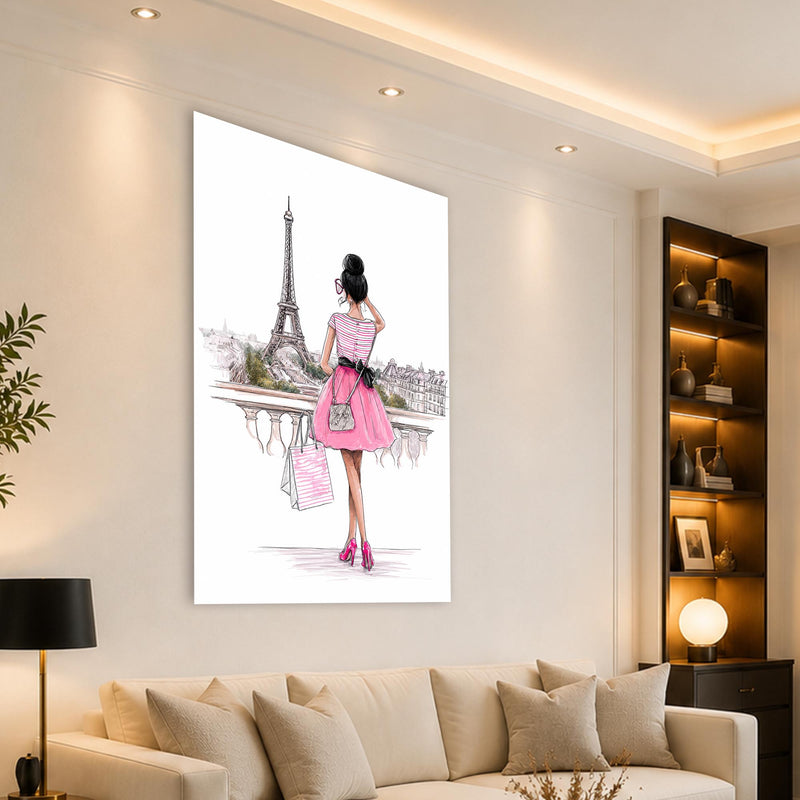 Pembe Etekli Moda Kızı Cam Tablo – Cam Tablo