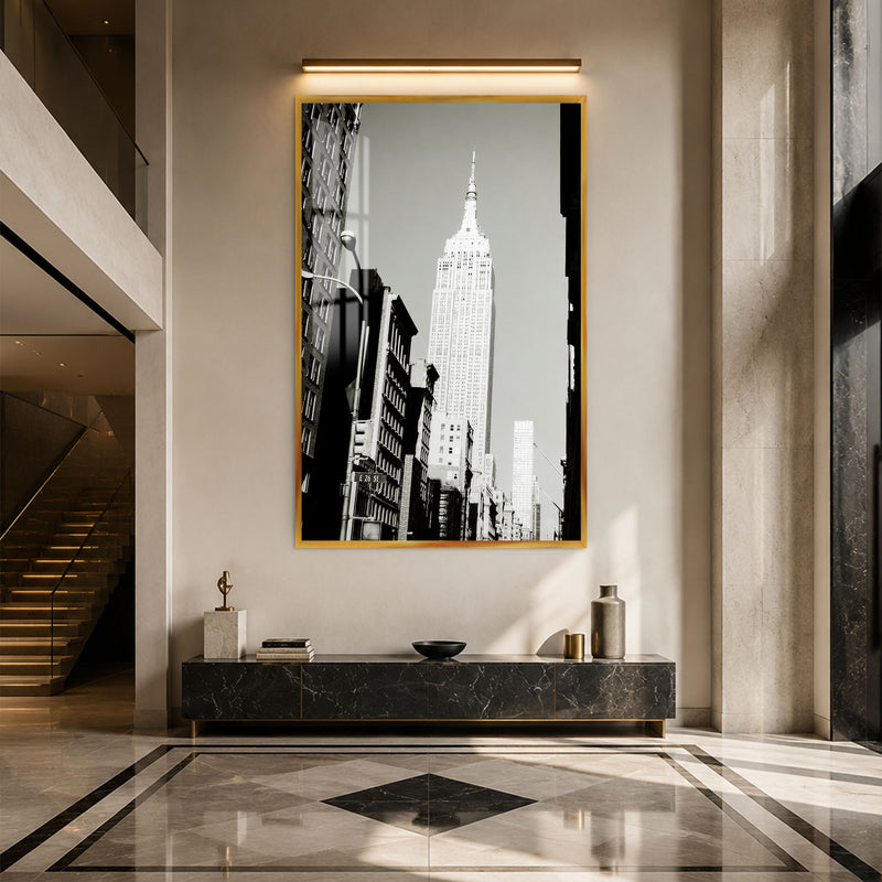 Empire State Siyah Beyaz Cam Tablo – Altın Çerçeveli Cam Tablo