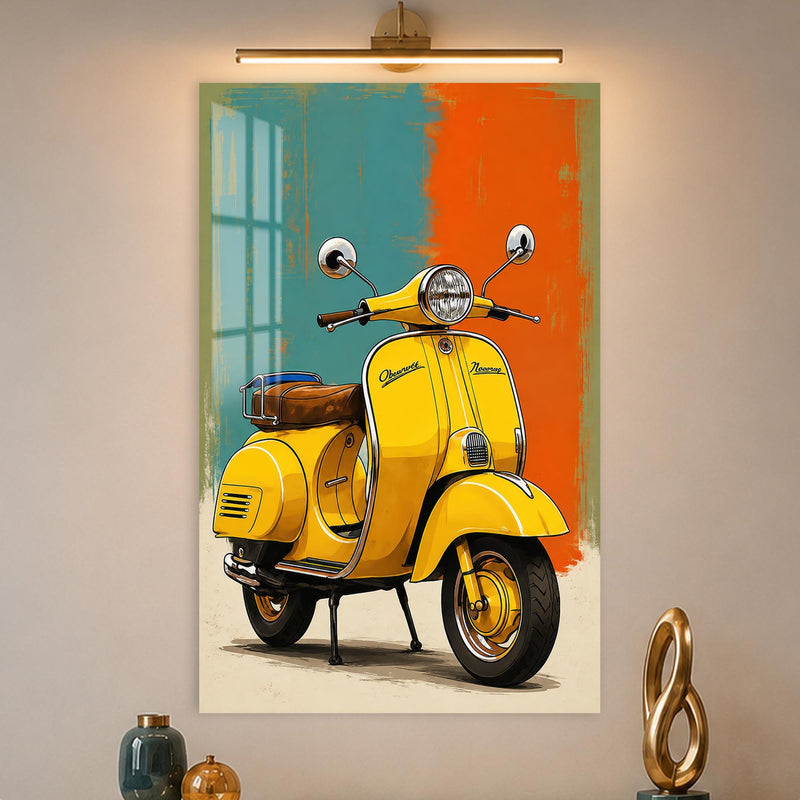 Turkuaz Turuncu Zeminde Sarı Vespa Cam Tablo – Cam Tablo