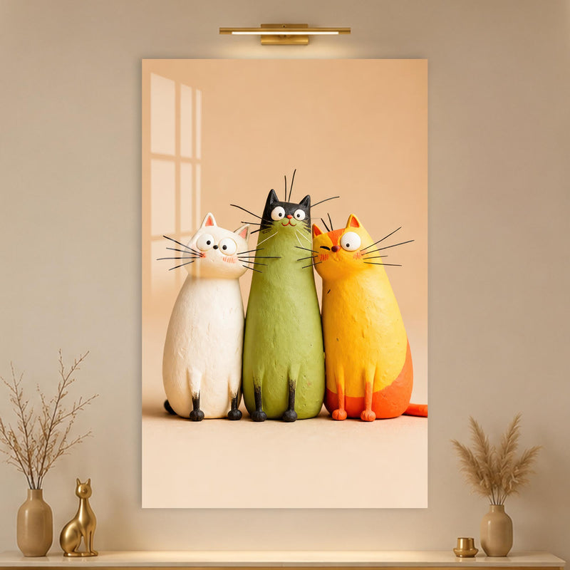 Üç Renkli Meraklı Kedi Cam Tablo – Cam Tablo