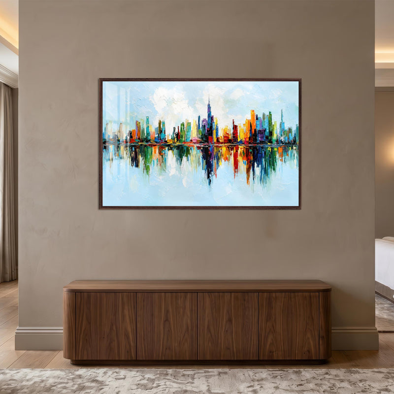 Renkli Şehir Skyline Gündüz Cam Tablo – Ceviz Cerceveli Cam Tablo