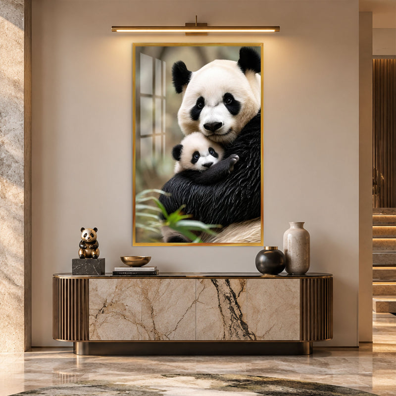 Anne Panda ve Yavrusu Cam Tablo – Altın Çerçeveli Cam Tablo