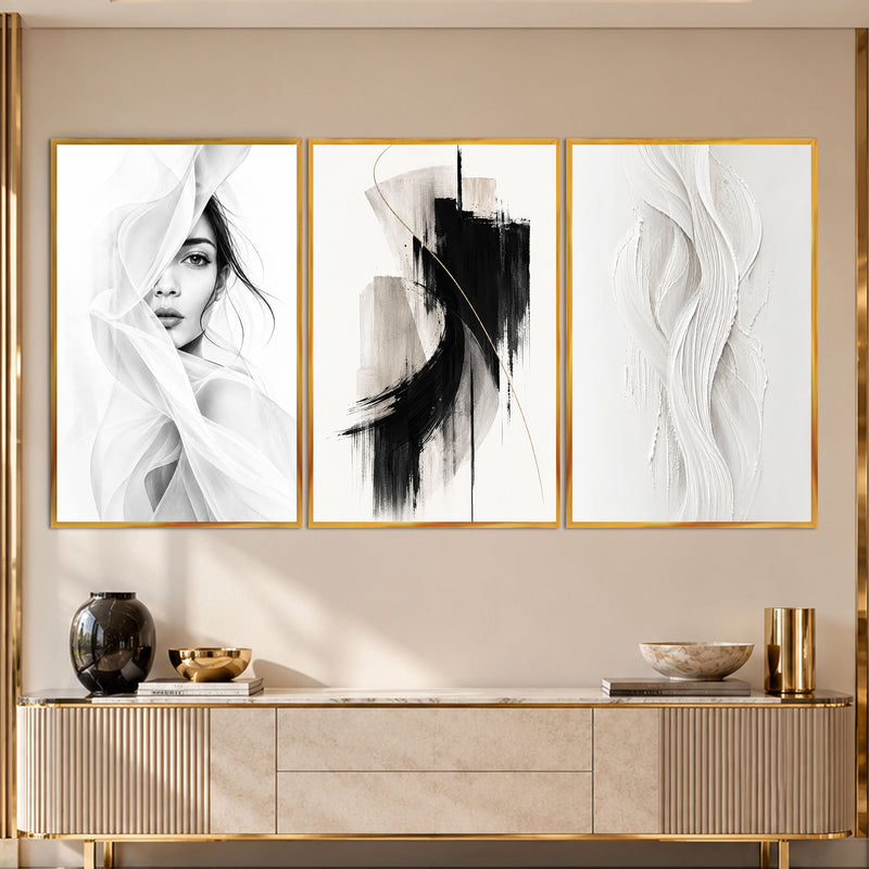 Siyah Beyaz Modern Sanat Üçlü Cam Tablo – Altın Çerçeveli