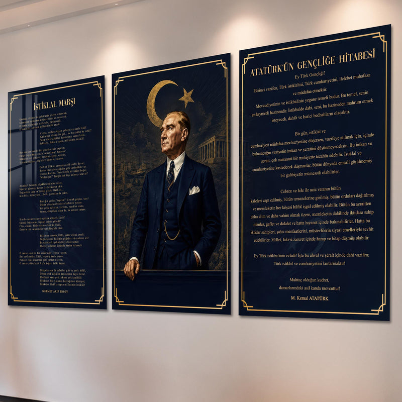 Atatürk Köşesi Üçlü Cam Tablo Seti — Lacivert İstanbul Silueti