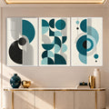 Turkuaz Siyah Mid-Century Geometrik Üçlü Cam Tablo – Beyaz Çerçeveli