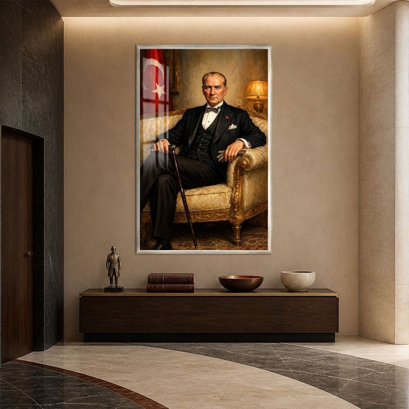 Koltukta Atatürk Cam Tablo – Gümüş Çerçeveli