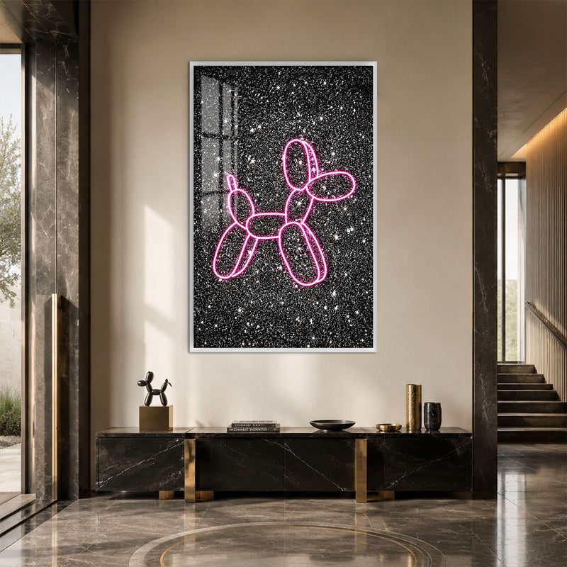 Neon Pembe Balon Köpek Cam Tablo – Beyaz Çerçeveli Cam Tablo
