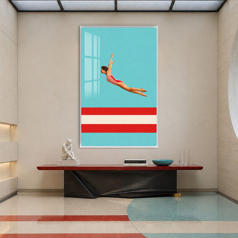 Turkuaz Havuz Dalışı Cam Tablo – Beyaz Çerçeveli Cam Tablo