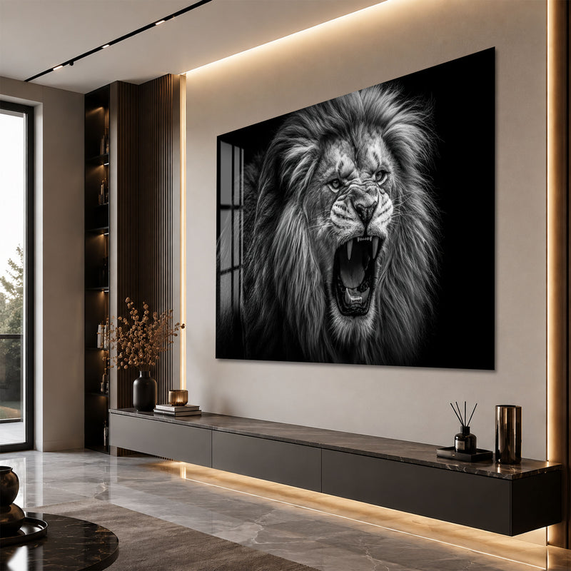Kükreyen Aslan Siyah Beyaz Cam Tablo – Cam Tablo