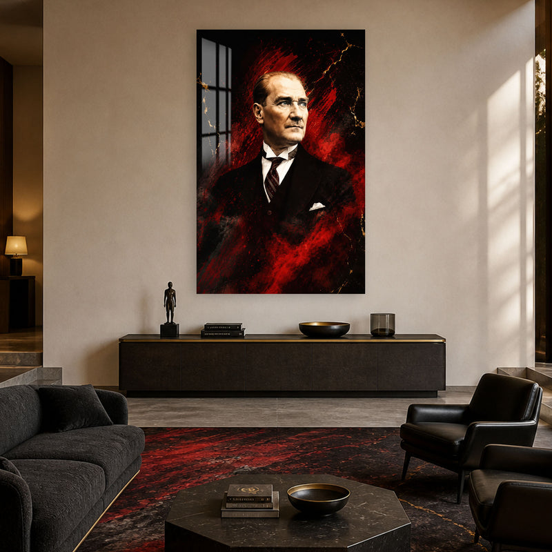 Kızıl Zeminde Atatürk Cam Tablo
