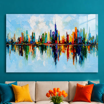 Renkli Şehir Skyline Gündüz Cam Tablo