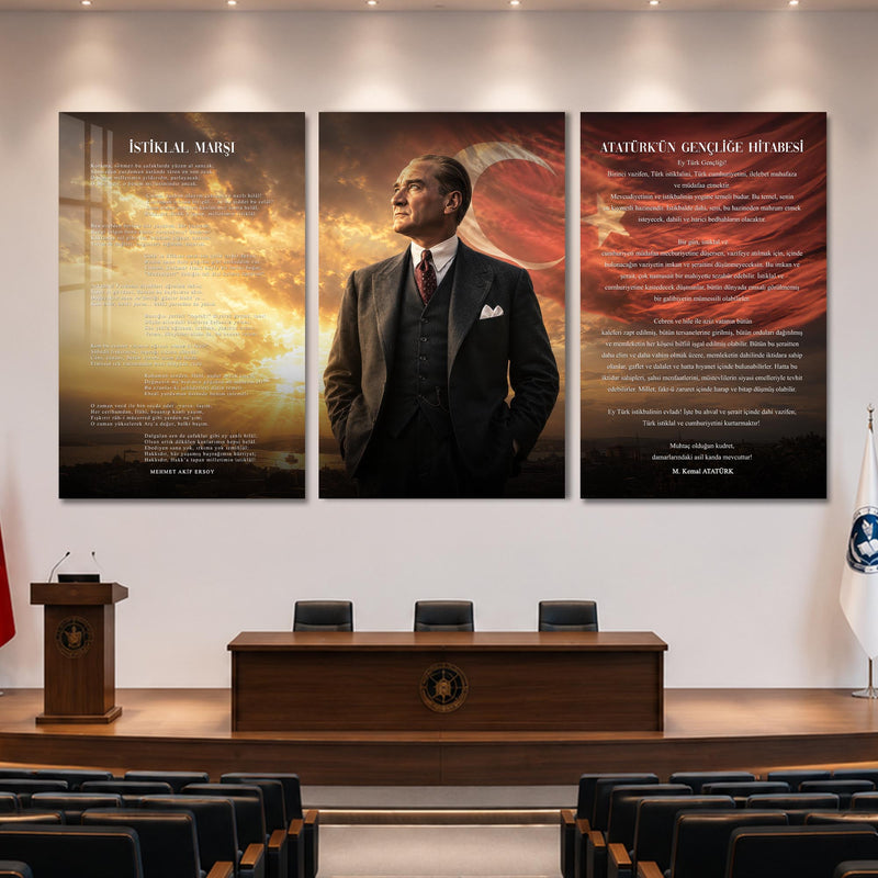 Atatürk Köşesi Üçlü Cam Tablo Seti — Altın Işıkta İstanbul