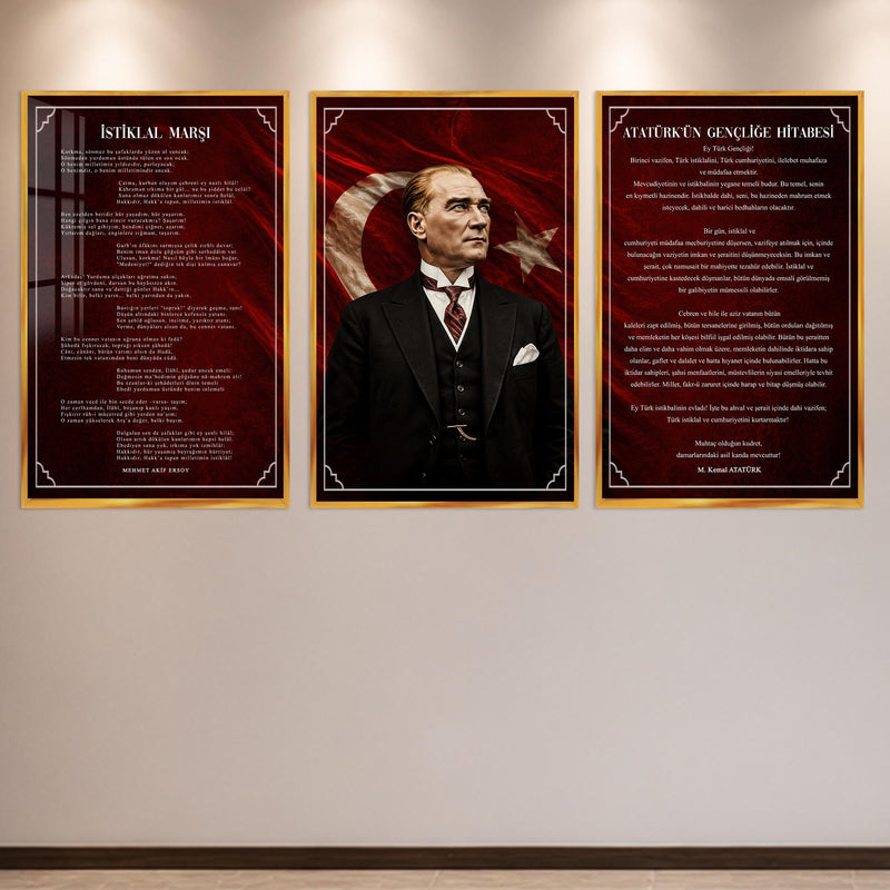 Atatürk Köşesi Üçlü Cam Tablo Seti — Kızıl Bayraklı – Altın Çerçeveli