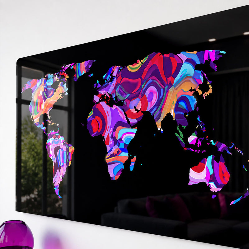 Neon Psychedelic Dünya Haritası Cam Tablo