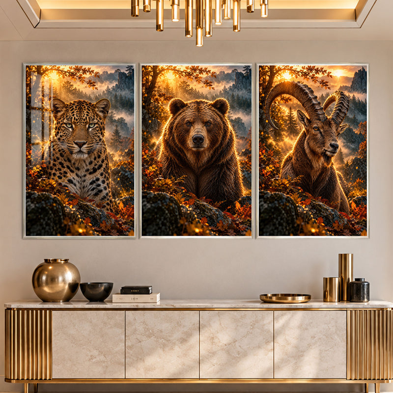 Leopar, Ayı ve Dağ Keçisi Üçlü Cam Tablo – Gümüş Çerçeveli