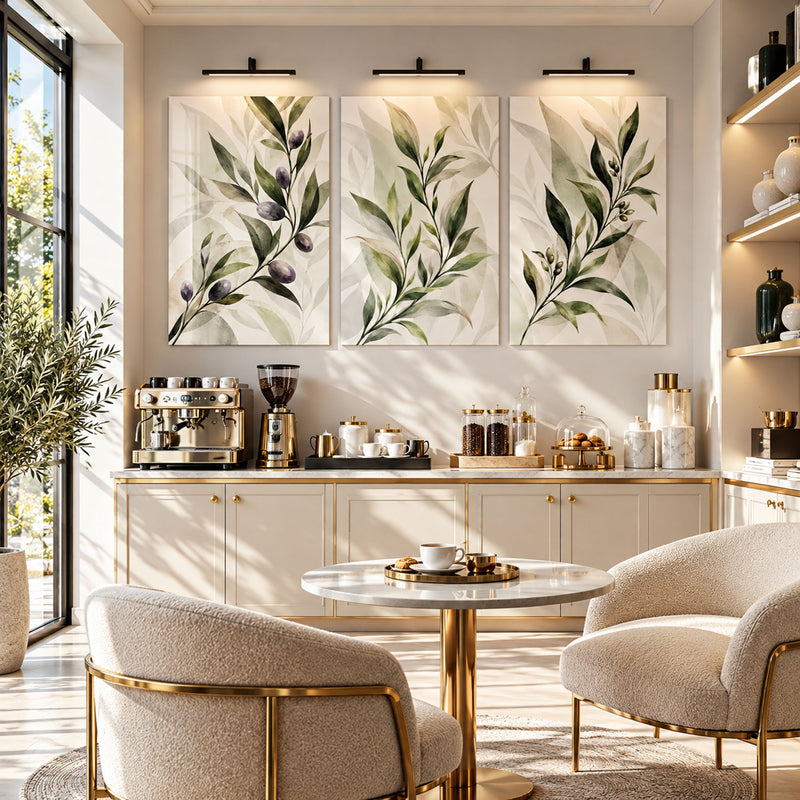 Zeytin Dalı Suluboya Üçlü Cam Tablo